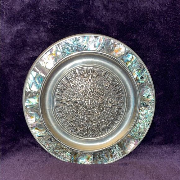 Mayan Zodiac Other - Vintage Sterling Silver Mayan Zodiac Decorative Plate with Abalone Inlay